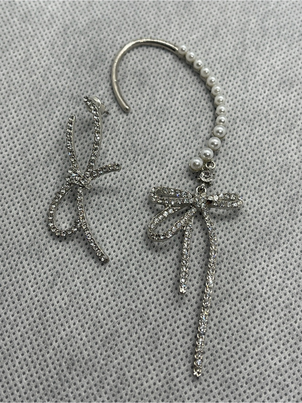 Pearl & Crystal Bow Drop Earrings - Silver Tone